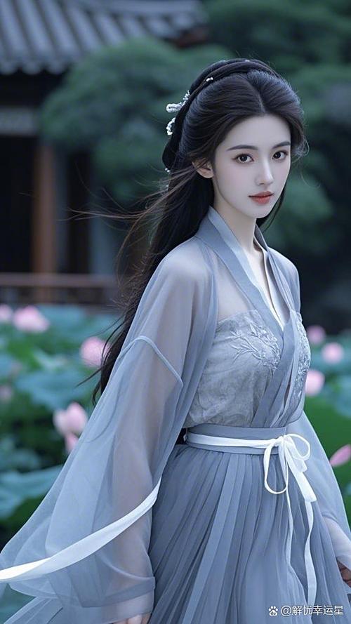 女子身着浅灰汉服,薄纱广袖飘逸灵动,裙裾轻展.发髻简约,簪花点缀,青